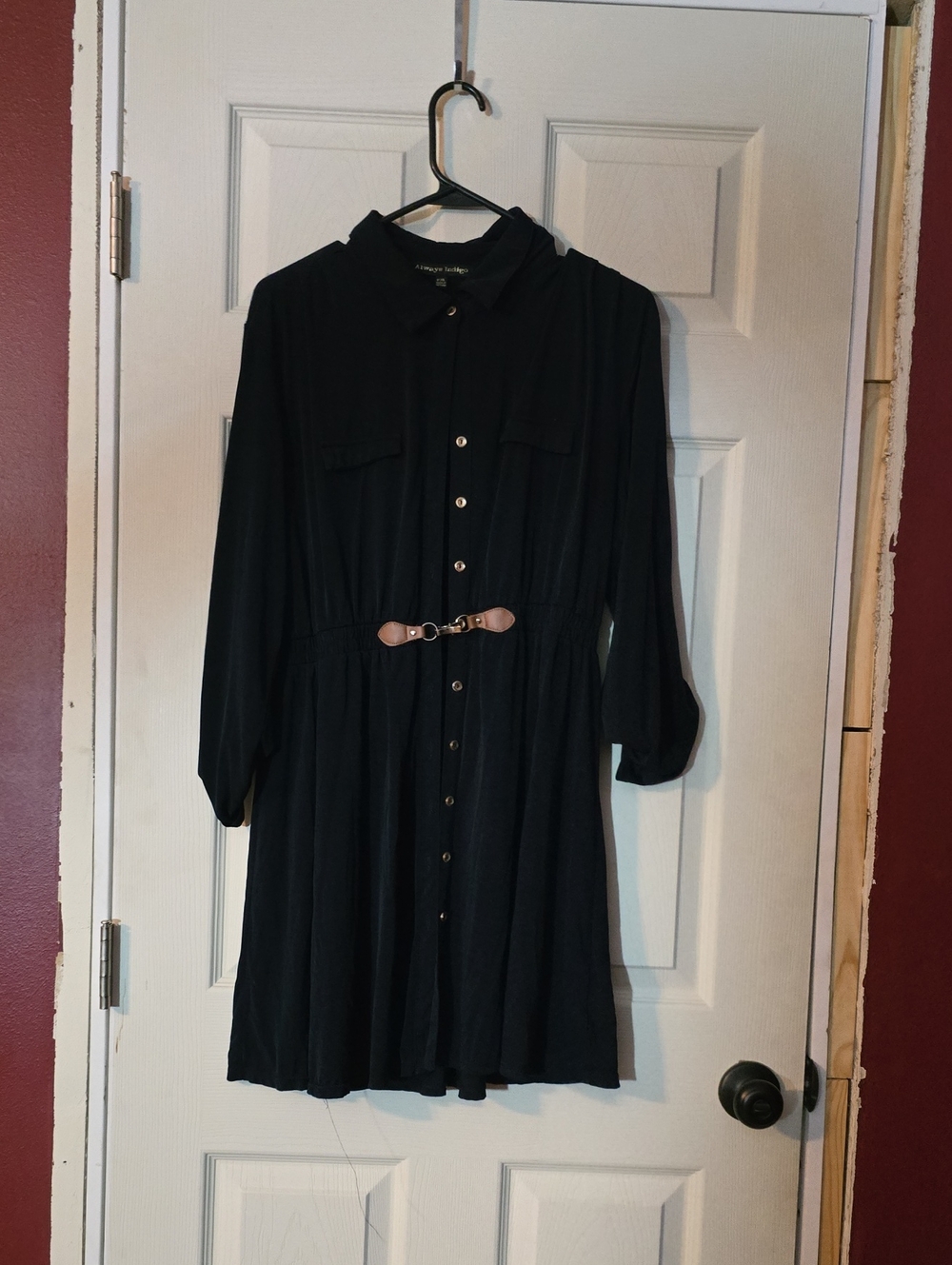 Long Sleeve Black Button-Front Shirt Dress with Waist Accent